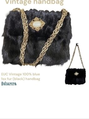 Vintage Silk Angel 100% Blue Fox Fur Handbag In Black Golden Hardwear & Gem